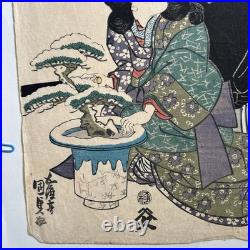 1840 Utagawa Kunisada Japanese Woodblock Print Ukiyo-e Kabuki & Bonsai In Snow