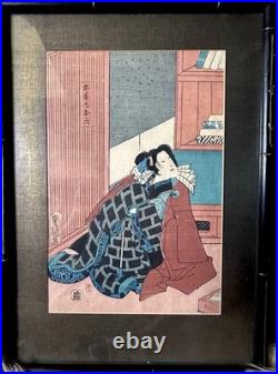 1855 Signed Utagawa Kunisada Japanese Woodblock Print Framed Kabuki Actor Scene