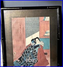1855 Signed Utagawa Kunisada Japanese Woodblock Print Framed Kabuki Actor Scene