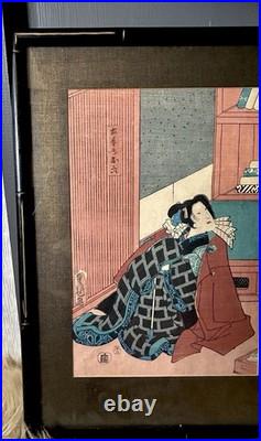 1855 Signed Utagawa Kunisada Japanese Woodblock Print Framed Kabuki Actor Scene