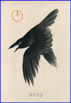 1920's Antique Japanese Woodblock Print Angry Diving Crow