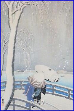 1927 Ohara Koson Shoson Japanese Woodblock Print Snow On Willow Bridge