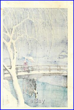 1932 Kawase Hasui Evening Snow Doi Seals Original Japanese Woodblock Print