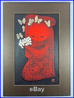 1950s Japanese Woodblock Matted Print KAORU KAWANO Signed Camilla Butterflies