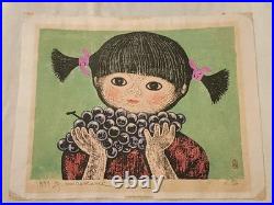 1973 Masaaki Miyazawa Japanese Woodblock Print Girl with Grapes Signed 187/200
