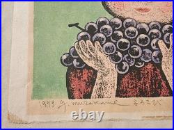 1973 Masaaki Miyazawa Japanese Woodblock Print Girl with Grapes Signed 187/200