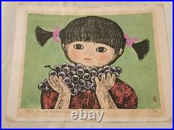 1973 Masaaki Miyazawa Japanese Woodblock Print Girl with Grapes Signed 187/200