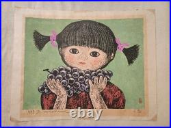 1973 Masaaki Miyazawa Japanese Woodblock Print Girl with Grapes Signed 187/200