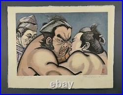 1977 Sekino Junichiro Pencil Signed Japanese Woodblock Print Sumo Wrestling