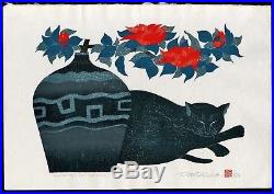 1986 Orig NISHIDA TADASHIGE Japanese HAND SIGNED Woodblock Print Drowsily CAT