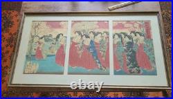 19th Century UTAGAWA KUNIYOSHI Japanese Woodblock Print Geishas Spring Time