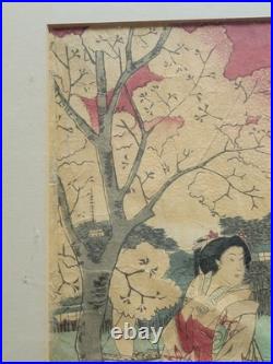19th Century UTAGAWA KUNIYOSHI Japanese Woodblock Print Geishas Spring Time