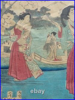 19th Century UTAGAWA KUNIYOSHI Japanese Woodblock Print Geishas Spring Time