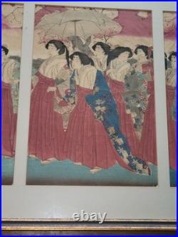 19th Century UTAGAWA KUNIYOSHI Japanese Woodblock Print Geishas Spring Time