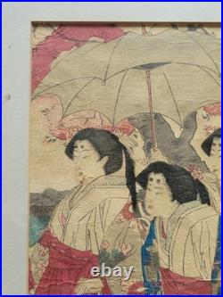 19th Century UTAGAWA KUNIYOSHI Japanese Woodblock Print Geishas Spring Time