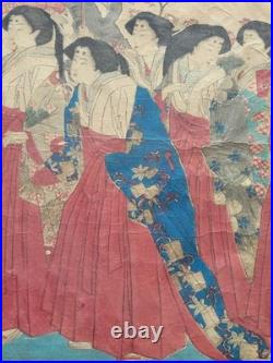 19th Century UTAGAWA KUNIYOSHI Japanese Woodblock Print Geishas Spring Time