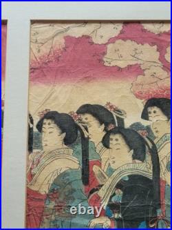 19th Century UTAGAWA KUNIYOSHI Japanese Woodblock Print Geishas Spring Time