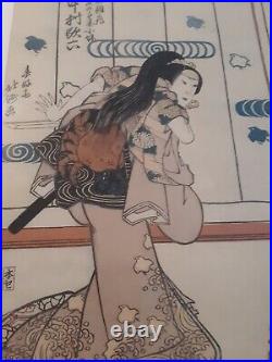 (2)200 YEAR OLD ORIGINAL 1823 JAPANESE FRAMED WOODBLOCK PRINTS Shunkosai Hokushu