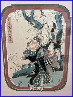 2 Vintage Japanese Woodblock Prints KIKUKAWA EIZAN Elaborately Matted & Framed