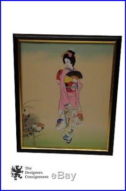 2 Vintage Signed Japanese Colored Geisha Woodblock Print Mid Century Artwork