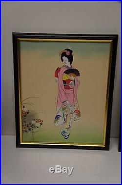2 Vintage Signed Japanese Colored Geisha Woodblock Print Mid Century Artwork