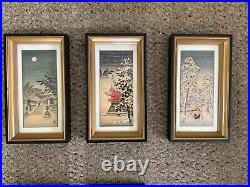 3 Kyoto Japan Miniature Woodblock Prints Framed Ushido