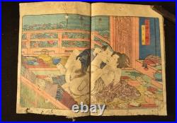 7 Original Antique Japanese Shunga Woodblock Double Book Page Print Prints