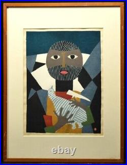 AZECHI UMETARO entertain one's birds Signed AP Original Woodblock Print Art