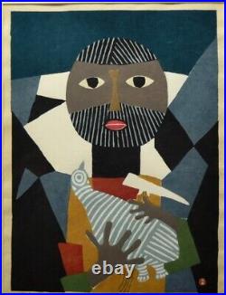 AZECHI UMETARO entertain one's birds Signed AP Original Woodblock Print Art
