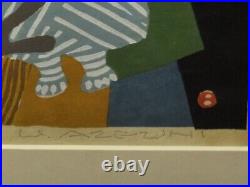 AZECHI UMETARO entertain one's birds Signed AP Original Woodblock Print Art