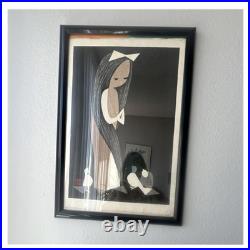 A framed Japanese woodblock print by Kaoru Kawano titled Girl with Doves
