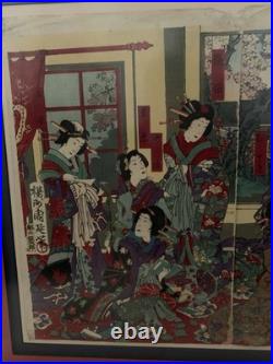 Amazing Condition Japanese ukiyo-e triptych, Meiji era (1868-1912). Geishas