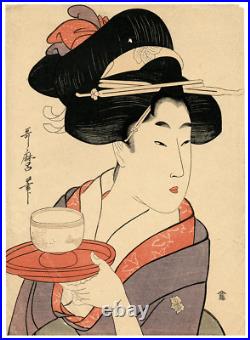 An Antique Bijin Okuki-e Japanese Woodblock Print By Kitagawa Utamaro