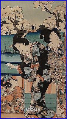 Antique19c Japanese Original Utagawa Kunisada Triptych Woodblock On Paper