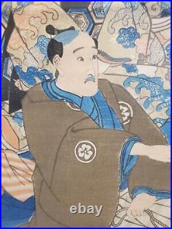 Antique 1852 Utagawa Kuniyoshi Ukiyo-e Japanese Woodblock Print, Kabuki Actors