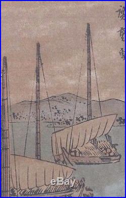 Antique 19th c. Japanese Ukiyo-e Woodblock Print Harbor Scene