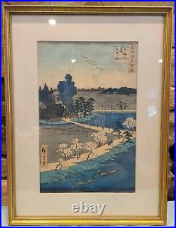 Antique 19th c. Japanese Woodblock Print Harbor Scene Fishing Boat Seaside Town