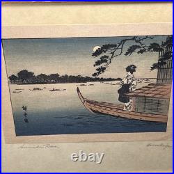 Antique 19th c Woodblock Print Utagawa Hiroshige II Sumida River Tokyo Japan