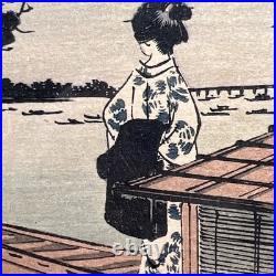 Antique 19th c Woodblock Print Utagawa Hiroshige II Sumida River Tokyo Japan