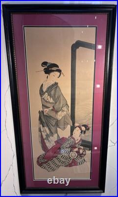 Antique Art Large Japanese Woodblock Print, A Beauty with Attendant, 42 x 21