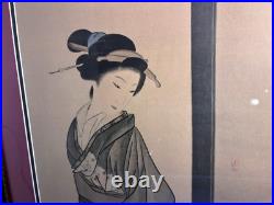 Antique Art Large Japanese Woodblock Print, A Beauty with Attendant, 42 x 21