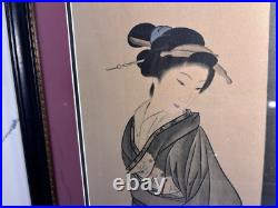 Antique Art Large Japanese Woodblock Print, A Beauty with Attendant, 42 x 21