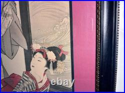 Antique Art Large Japanese Woodblock Print, A Beauty with Attendant, 42 x 21