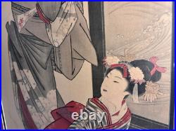 Antique Art Large Japanese Woodblock Print, A Beauty with Attendant, 42 x 21