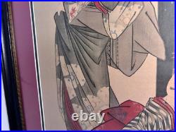 Antique Art Large Japanese Woodblock Print, A Beauty with Attendant, 42 x 21