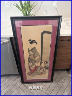 Antique Art Large Japanese Woodblock Print, A Beauty with Attendant, 42 x 21