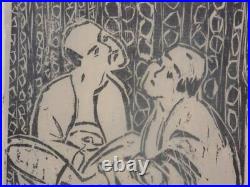 Antique Asian Woodblock Figures Print People Sitting