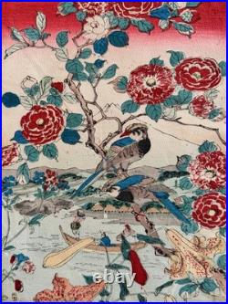 Antique Edo Japanese Woodblock Print Birds Flowers Camellias River Scene