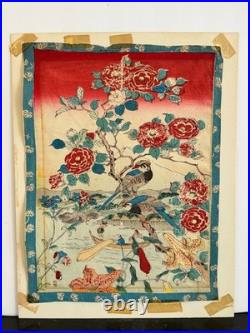 Antique Edo Japanese Woodblock Print Birds Flowers Camellias River Scene