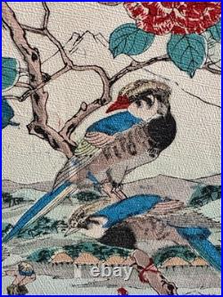 Antique Edo Japanese Woodblock Print Birds Flowers Camellias River Scene